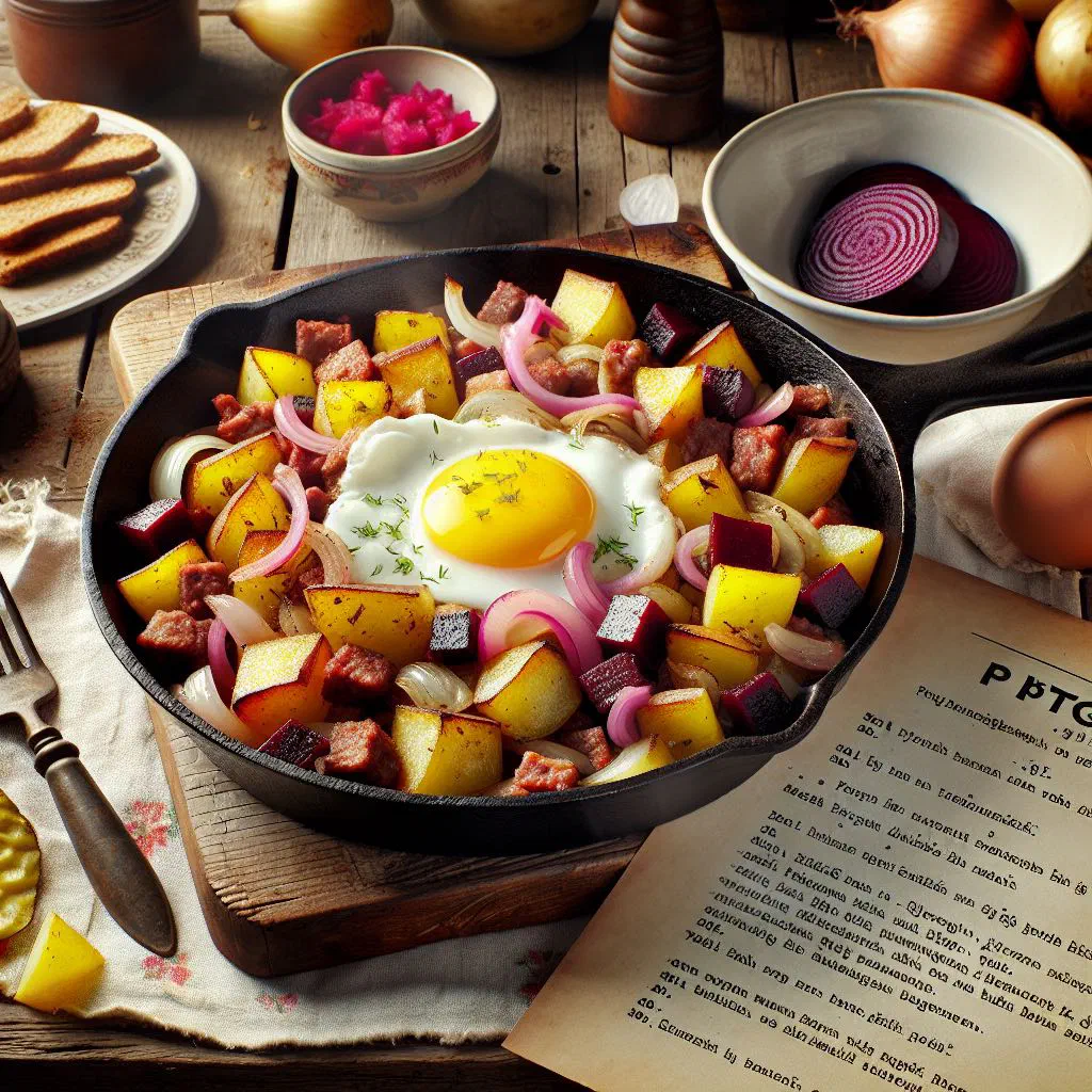 Swedish pytt i panna with diced potatoes, meat and onion topped with a fried egg
