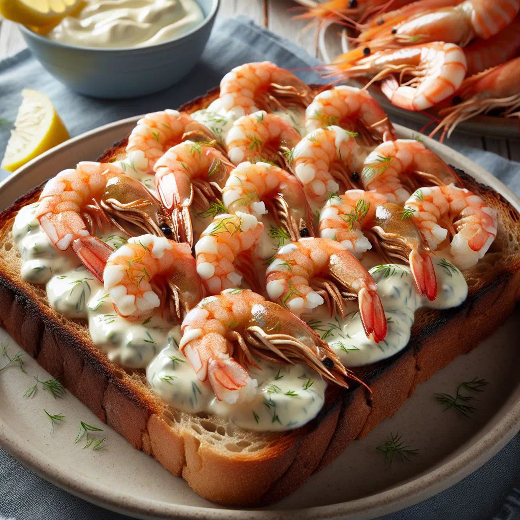 Open prawn sandwich on rye bread topped with avocado and dill