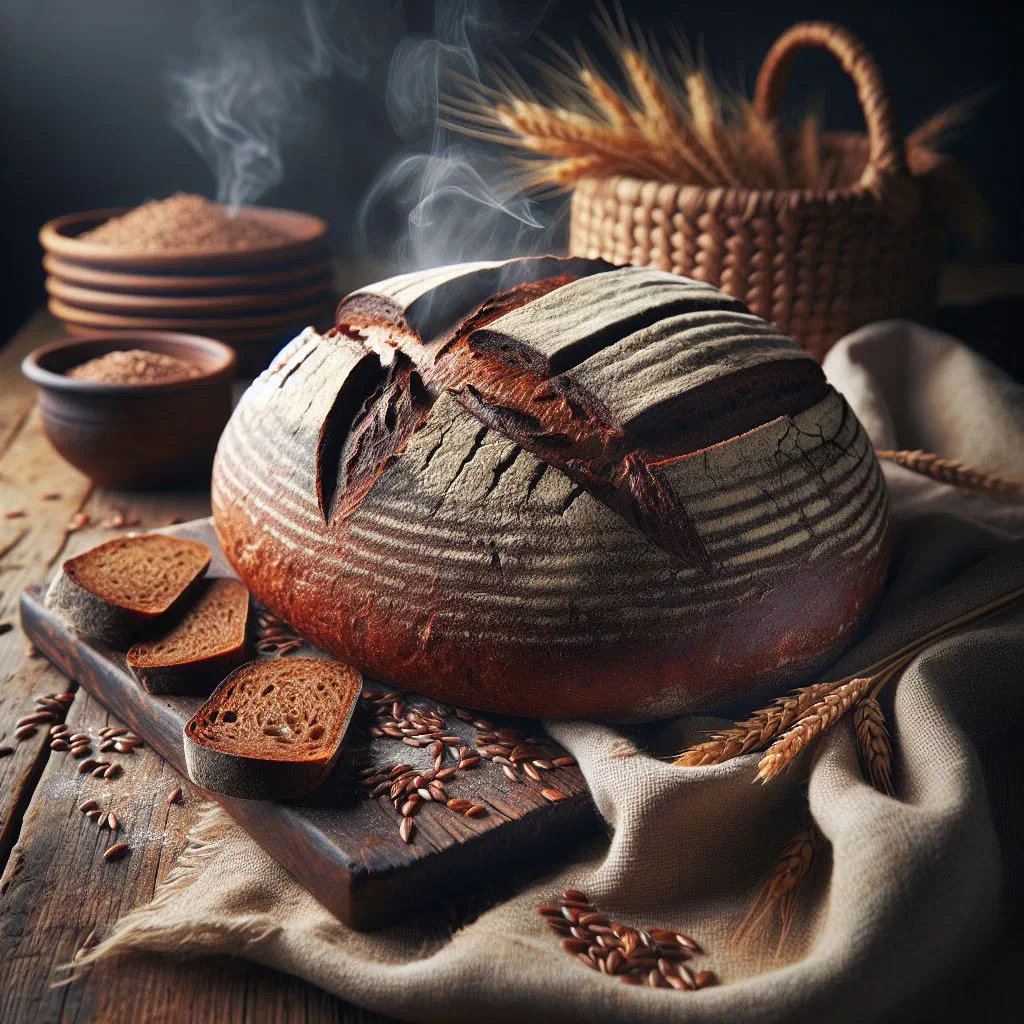 A rustic loaf of Swedish Rågbröd rye bread, sliced on a wooden board
