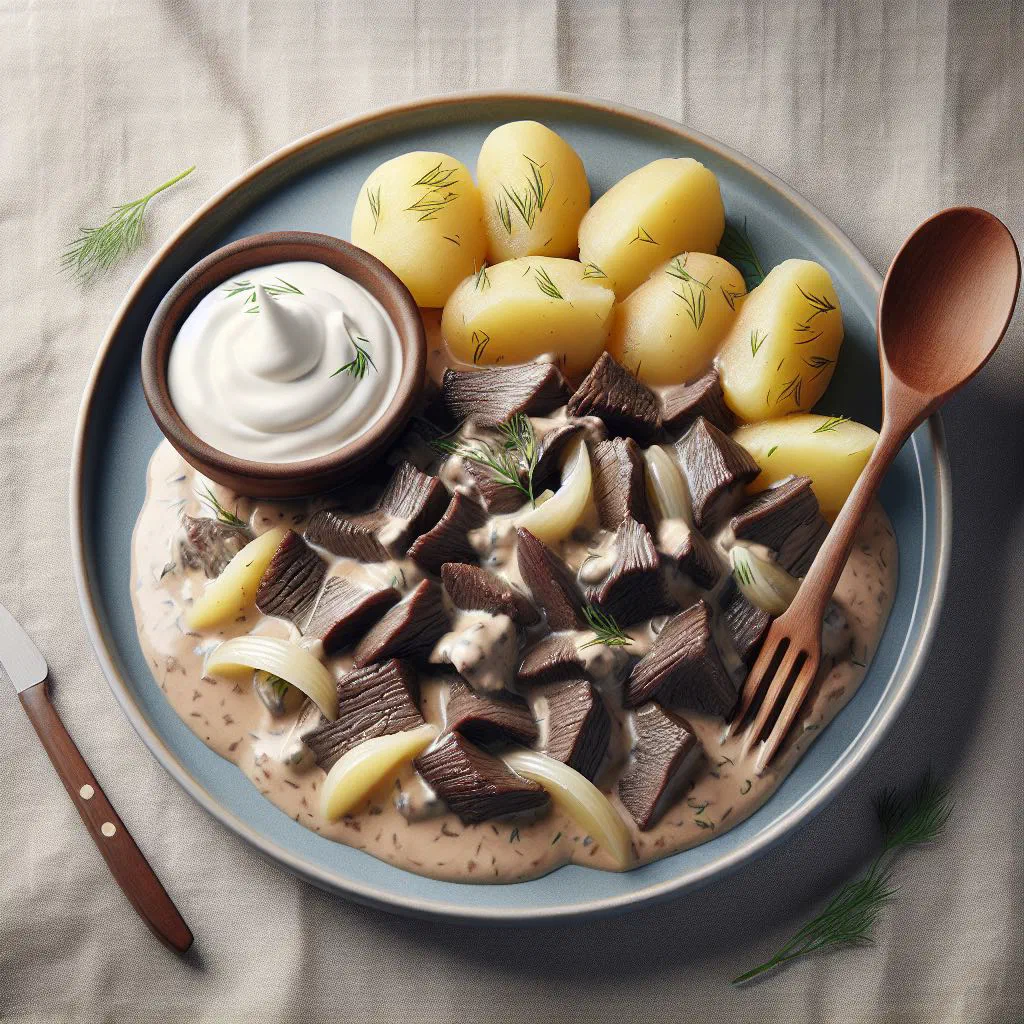 Renskav of thinly sliced reindeer in a creamy sauce with parsley