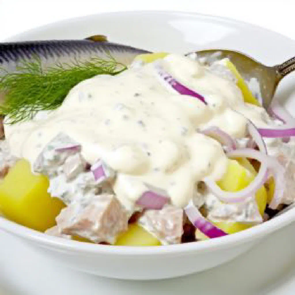 A creamy Swedish herring salad garnished with fresh dill