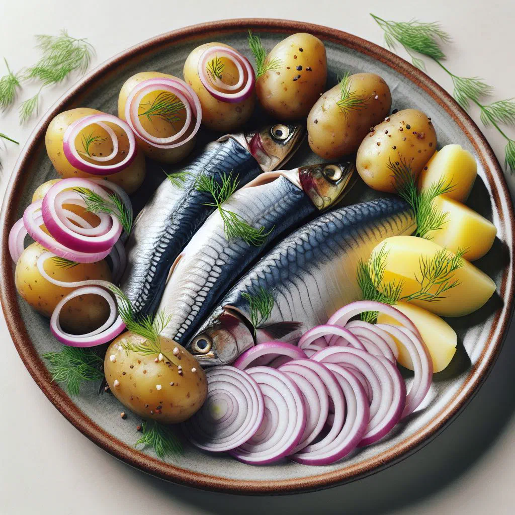 A Swedish herring plate with sliced potatoes, red onion and dill