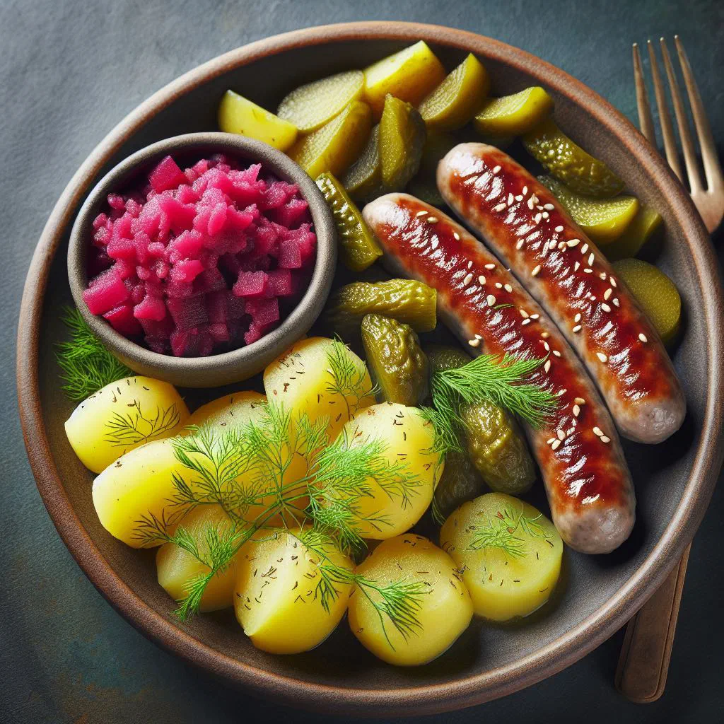 Pan-fried Småländska Isterband sausages served with potatoes and herbs