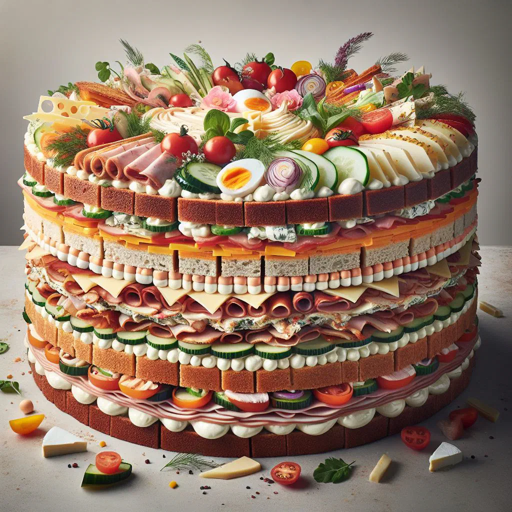 Swedish smörgåstårta layered sandwich cake topped with prawns, salmon and dill