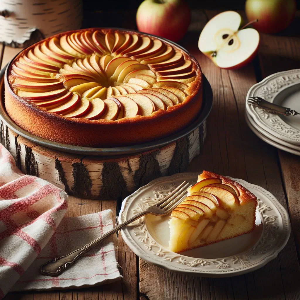 Golden Swedish apple cake dusted with icing sugar, sliced on a plate