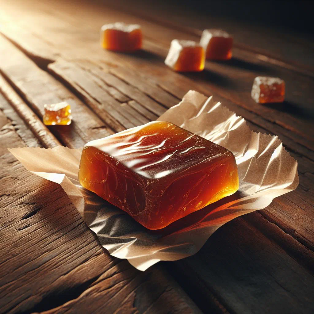 Squares of Swedish toffee knäck caramel studded with chopped almonds
