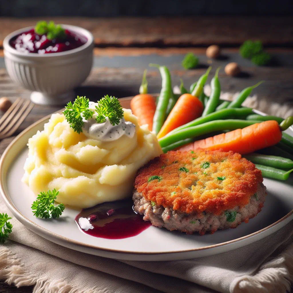 Golden Wallenbergare patties served with creamy mashed potatoes and lingonberries