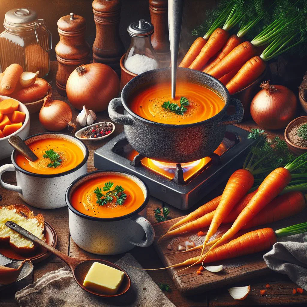 Bowl of bright orange Aargau carrot soup garnished with fresh thyme