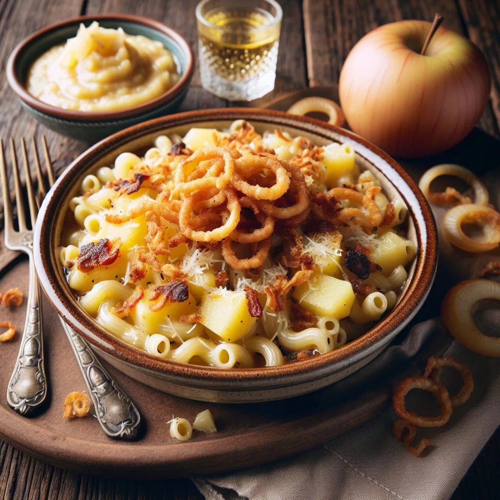 Creamy Älplermagronen with macaroni, potatoes and cheese served with apple sauce