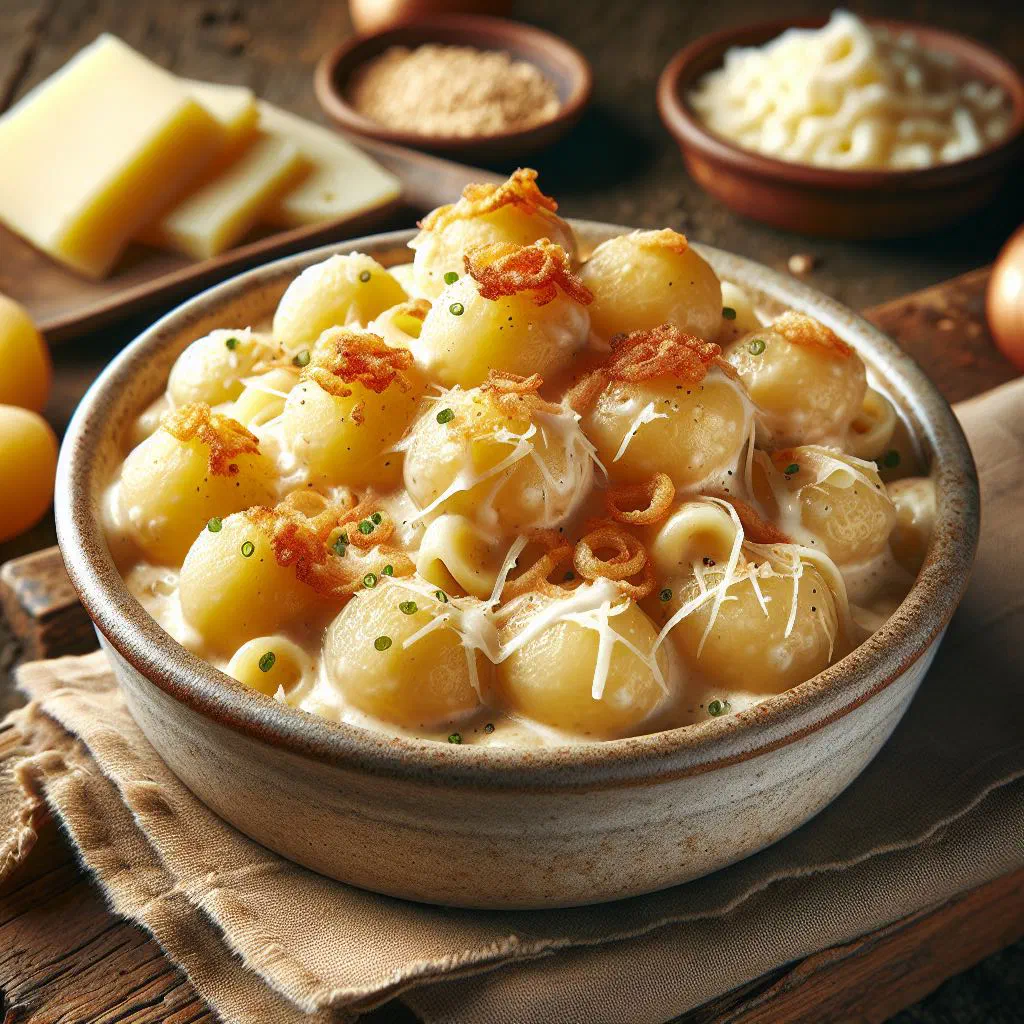 Creamy Alplermakronen with macaroni, potatoes and melted cheese served with apple sauce