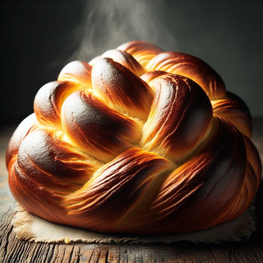 Golden-brown Berner Butterzopf braided butter bread on a wooden board