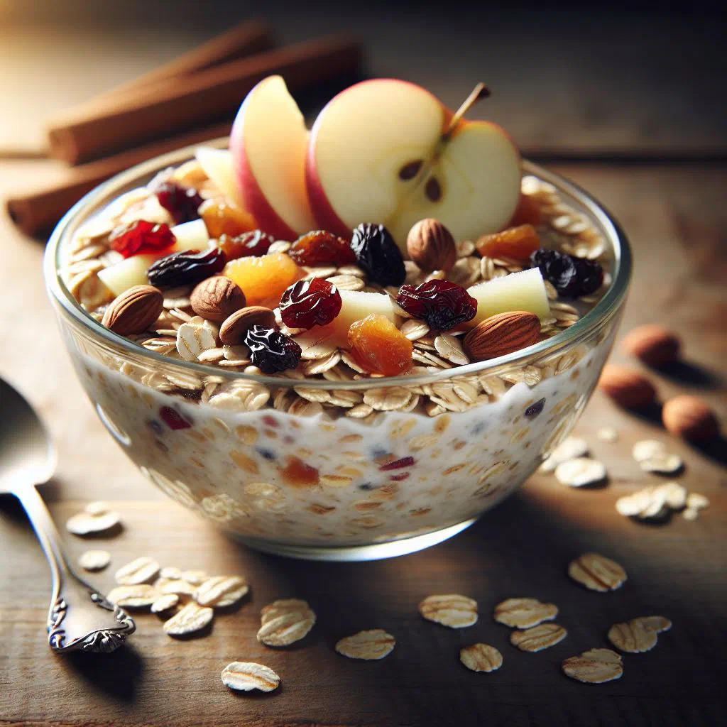 A bowl of Bircher muesli topped with fresh berries and nuts