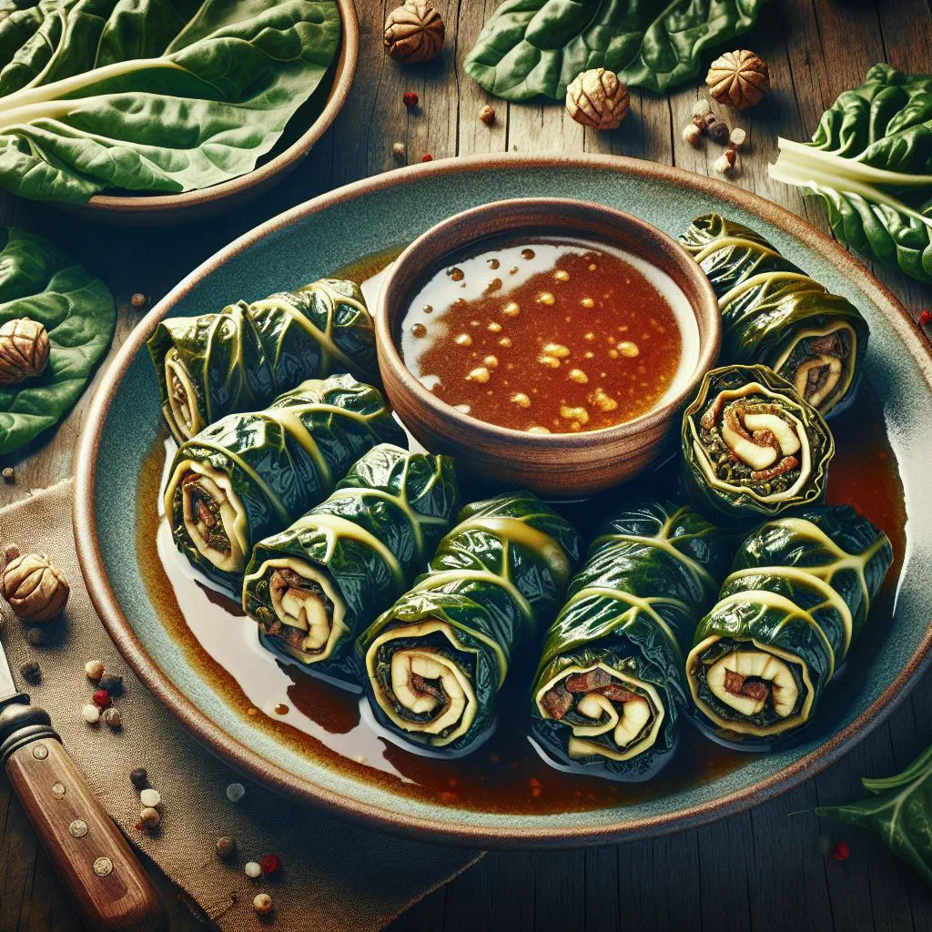 Chard rolls filled with minced meat, steamed and served warm