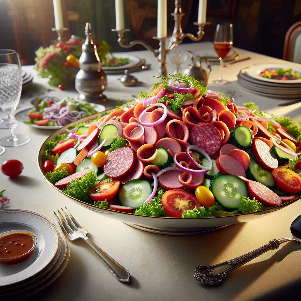 Sliced cervelat sausage salad with fresh vegetables and creamy dressing
