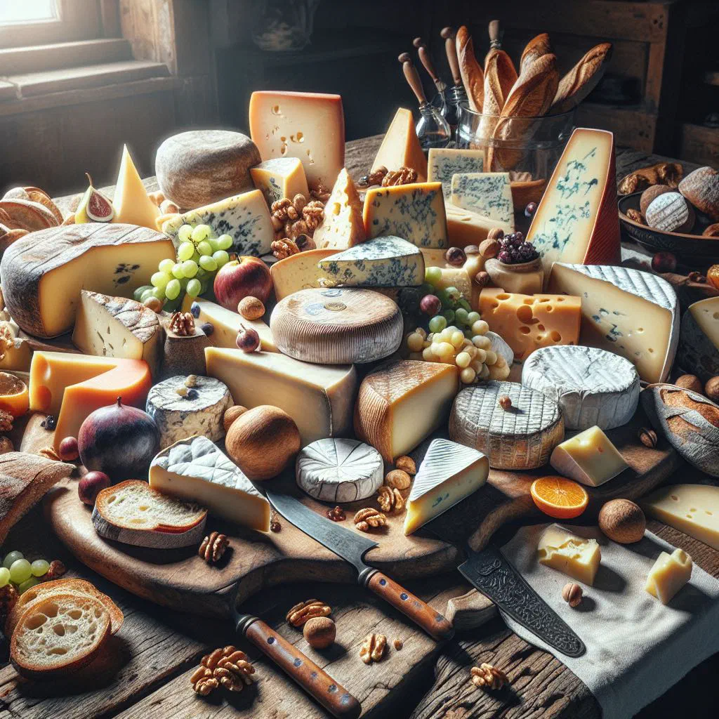 Swiss cheese platter with Gruyère, Emmental and Appenzeller, bread, grapes and walnuts on a wooden board