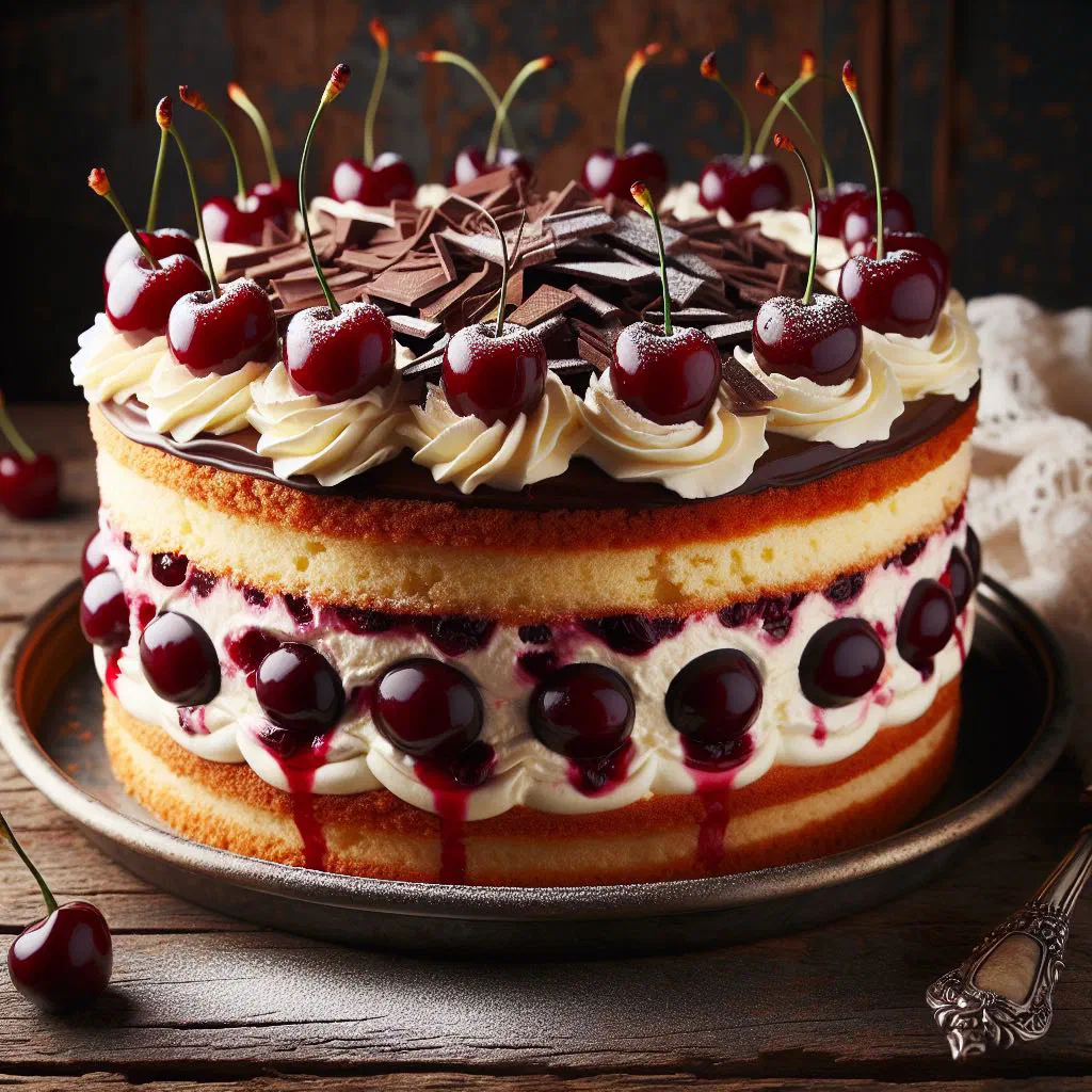 Swiss cherry torte layered with cream and topped with fresh cherries