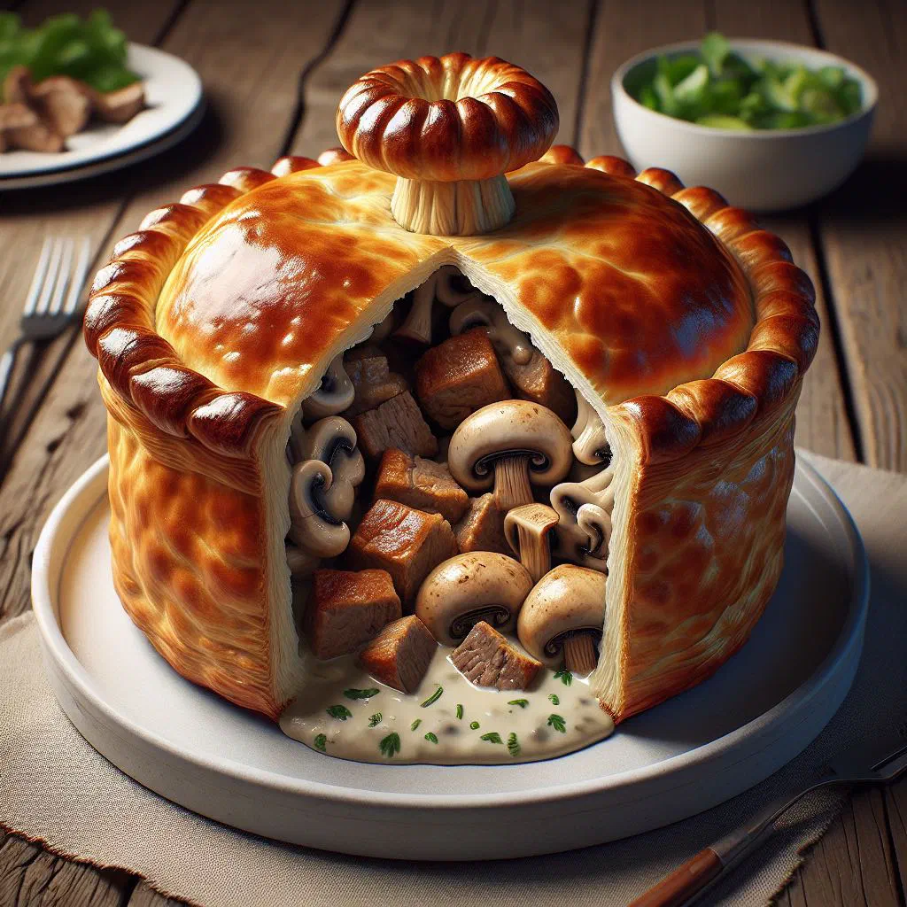Golden puff-pastry Chügelipastete filled with mince and mushrooms in a creamy sauce