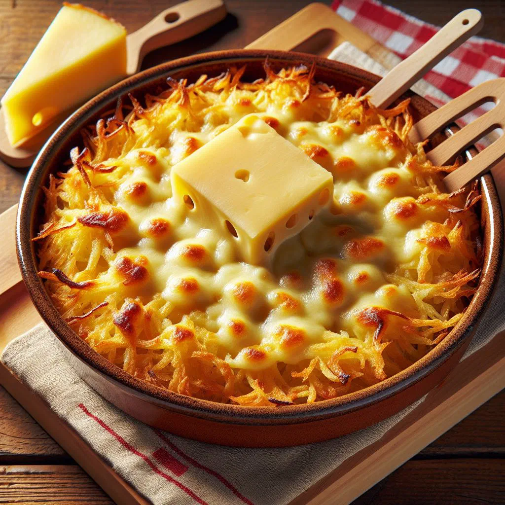 Golden-baked Emmentaler rösti gratin with a melted cheese crust