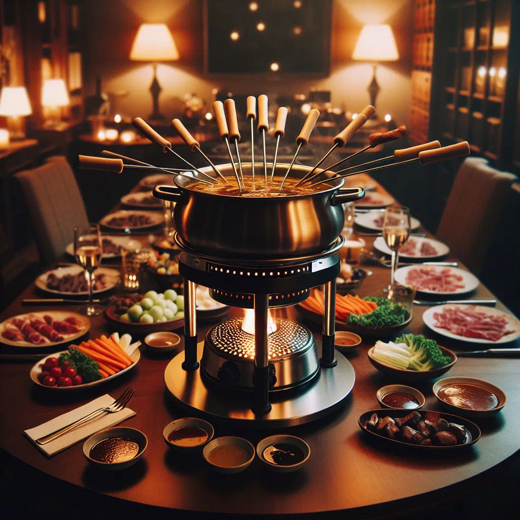 Thinly sliced meat and fresh vegetables around a simmering fondue broth pot