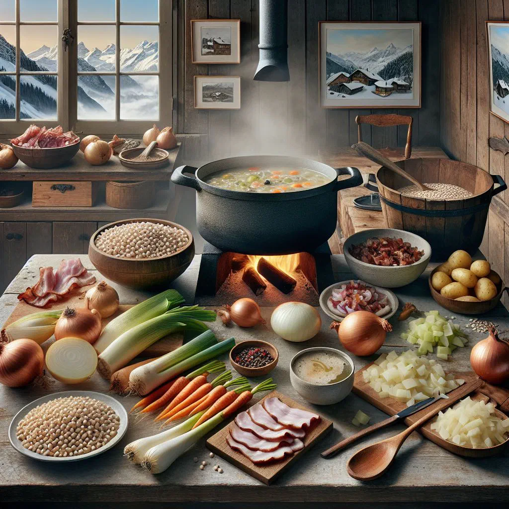 A bowl of Grisons barley soup with vegetables and beef, garnished with parsley
