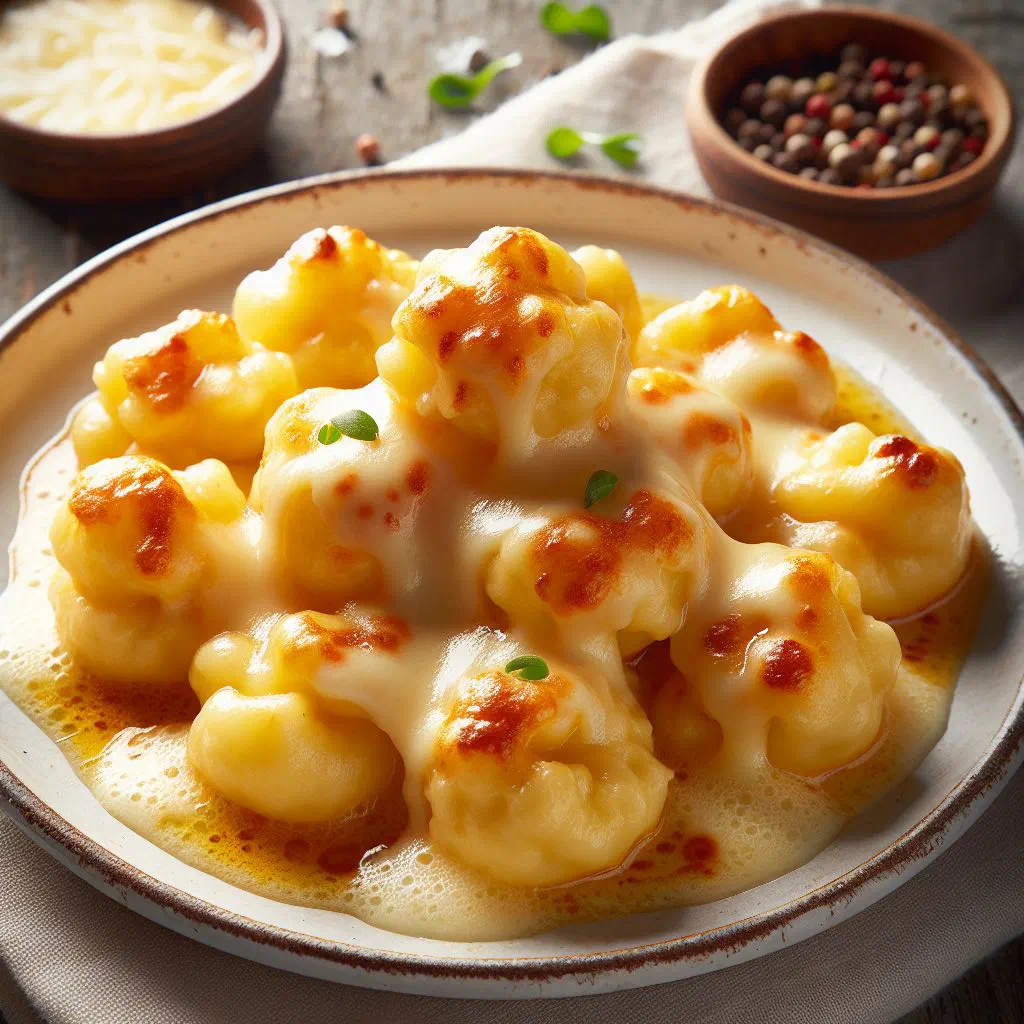 Soft Swiss knöpfli topped with melted cheese in a rustic pan