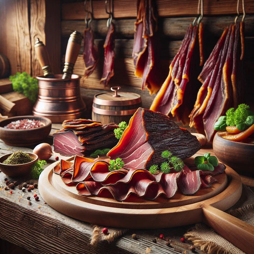 Thinly sliced Swiss Mostbröckli cured meat arranged on a wooden board with cheese and bread