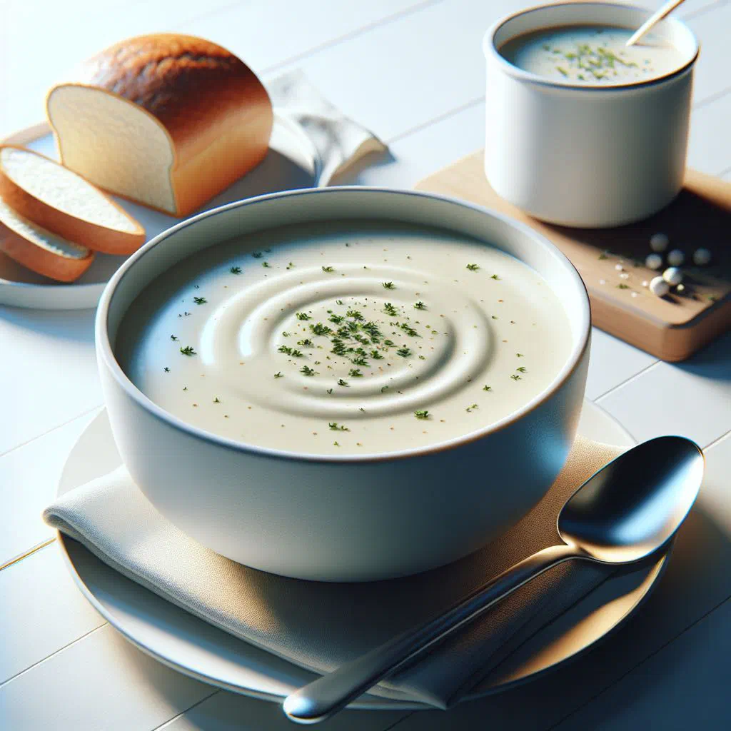 A creamy bowl of Nidwalden cream soup garnished with fresh herbs