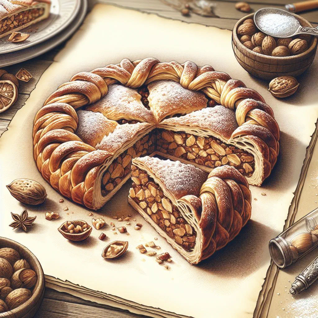 Swiss nut tart with a golden pastry crust and walnut caramel filling