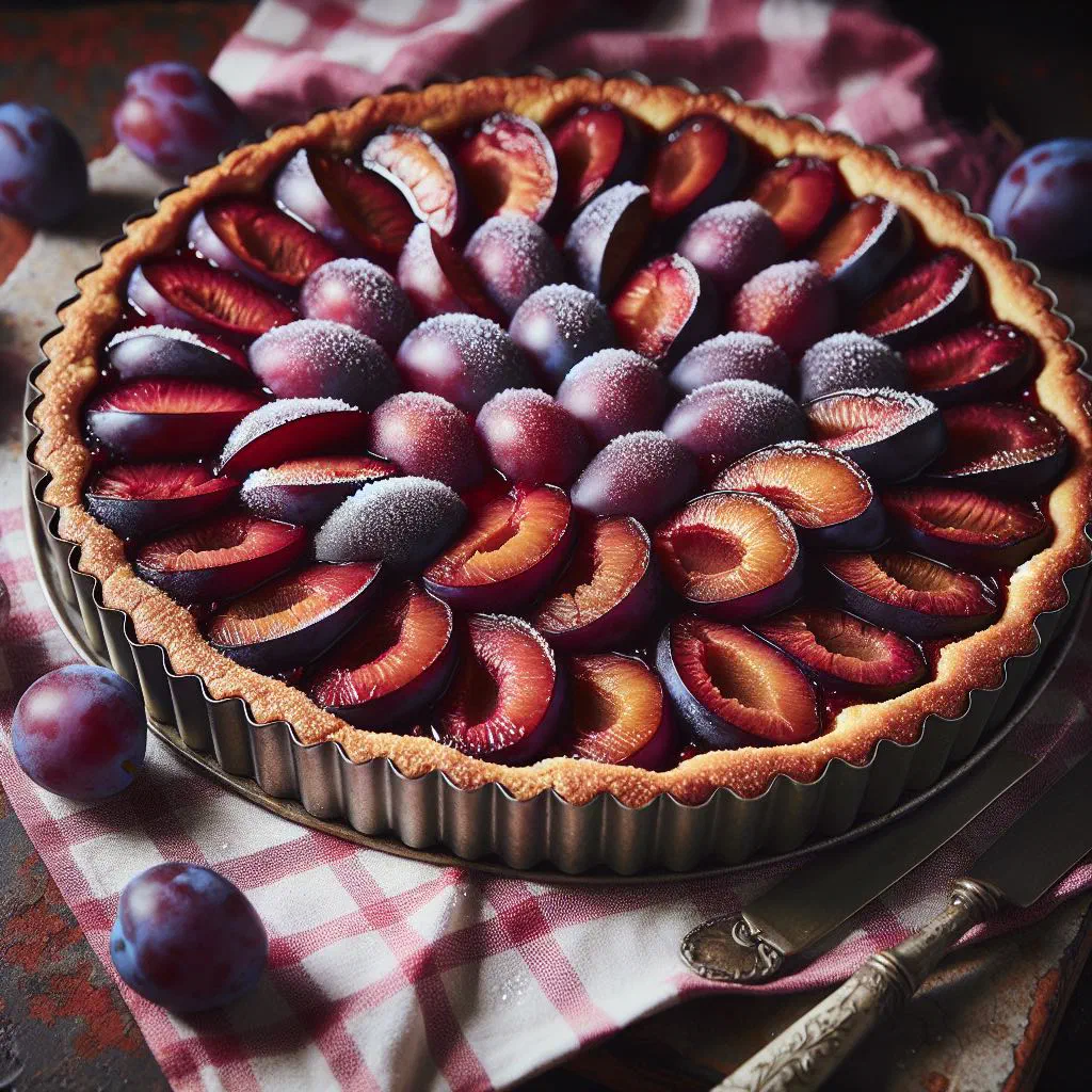 Swiss plum tart with quartered plums set in golden vanilla custard