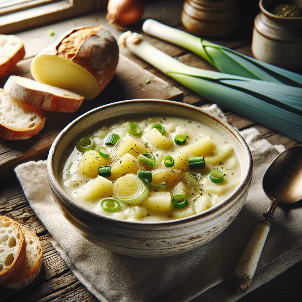 Creamy potato and leek soup garnished with fresh chives