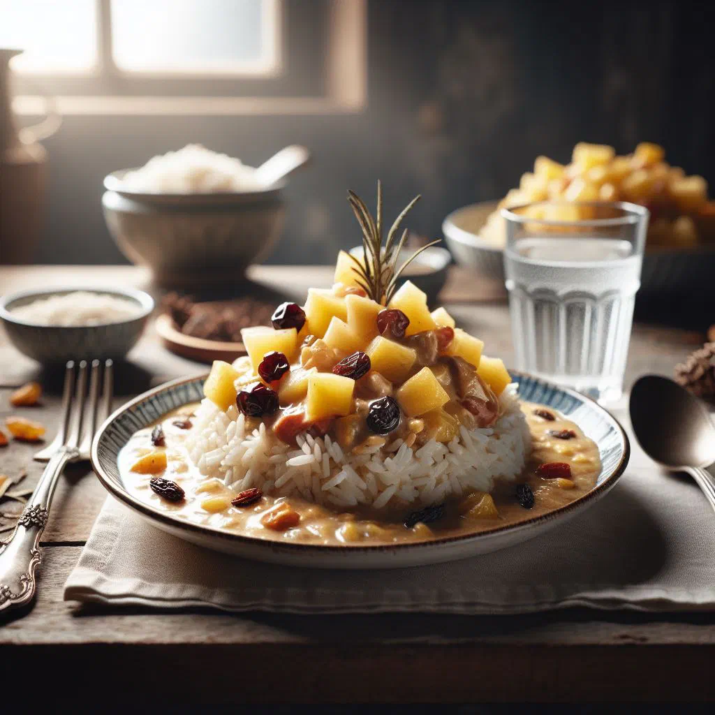 Riz Casimir with curried meat, pineapple, banana and fluffy rice