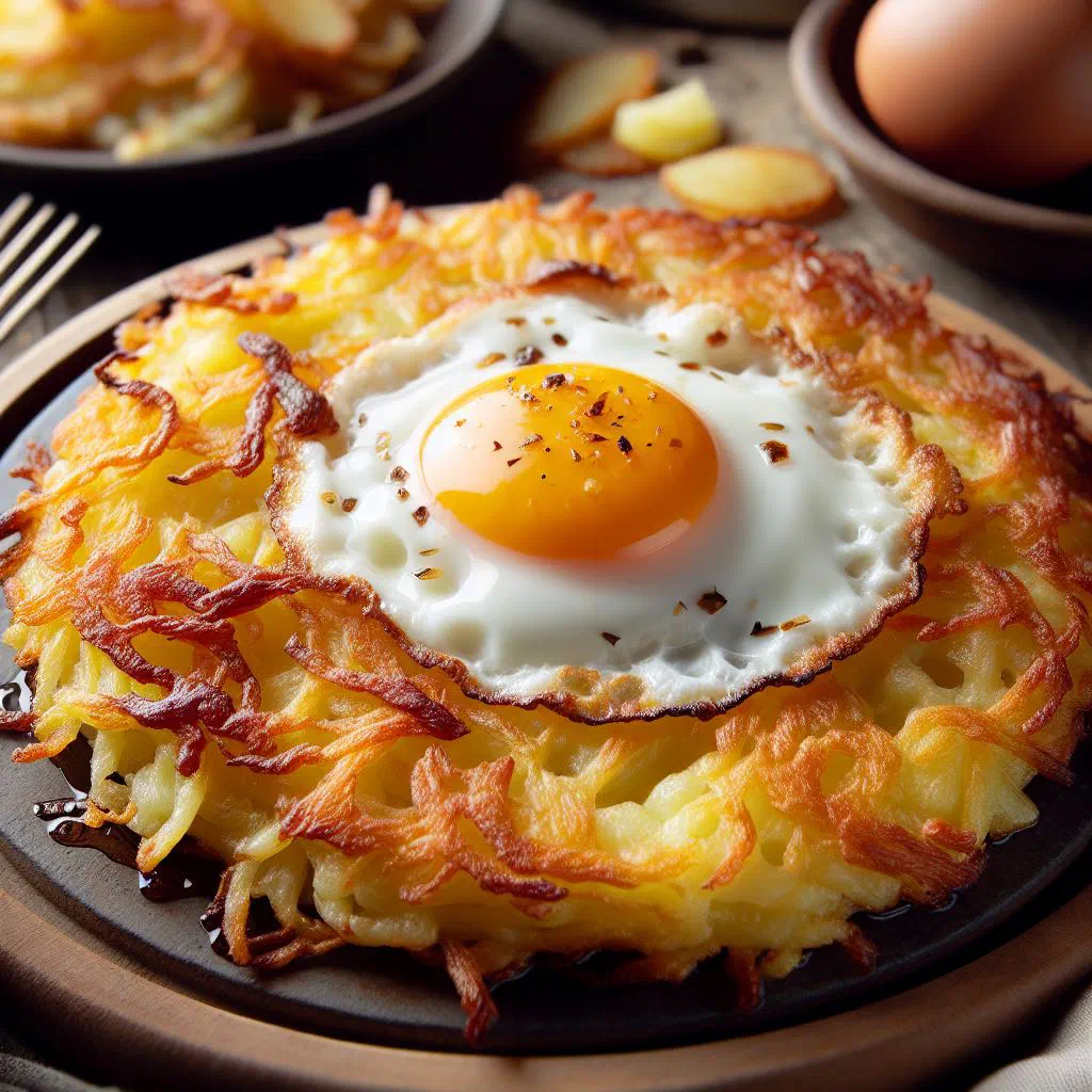 Golden crispy rösti topped with a sunny fried egg and fresh herbs