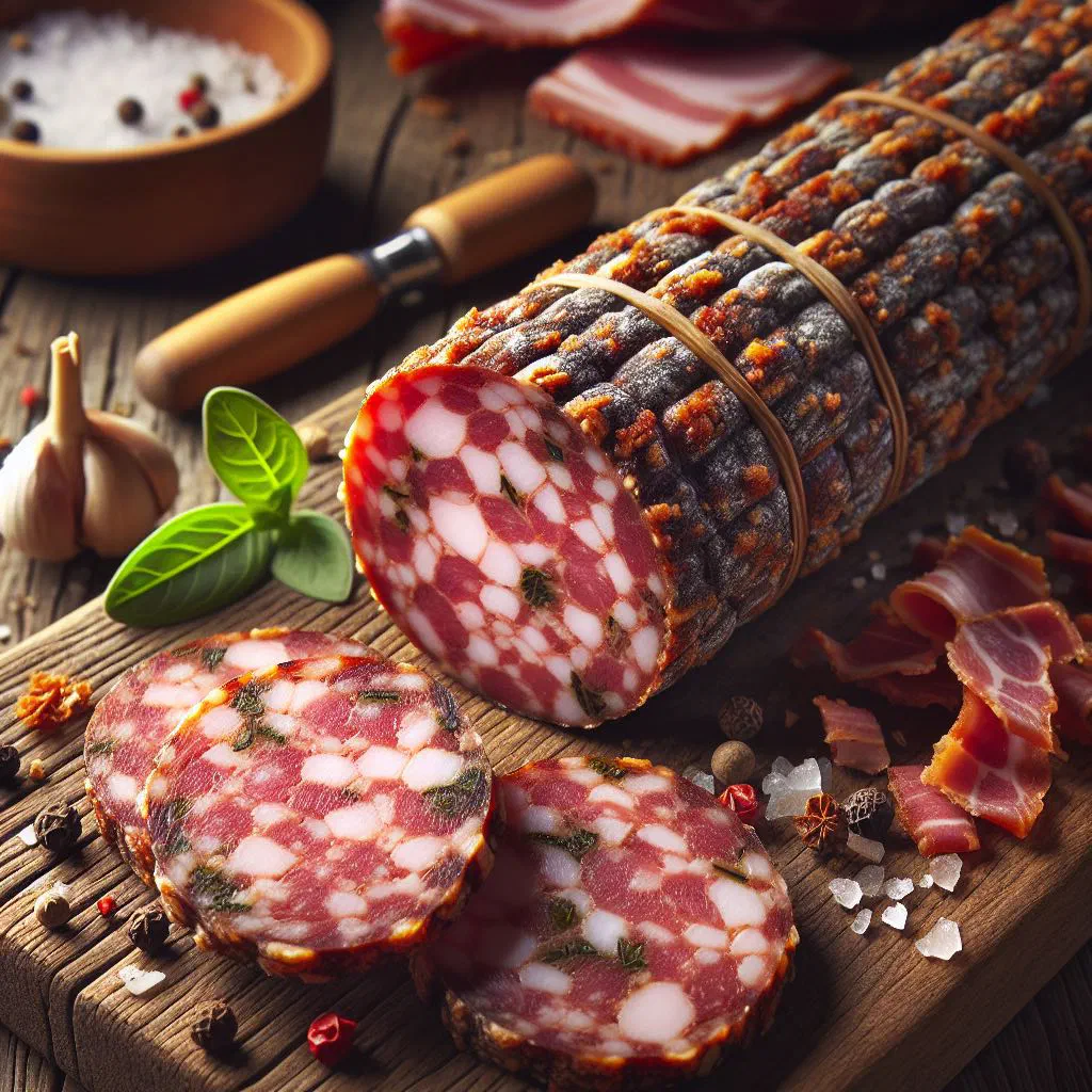 Sliced air-dried Salsiz sausage on a wooden board