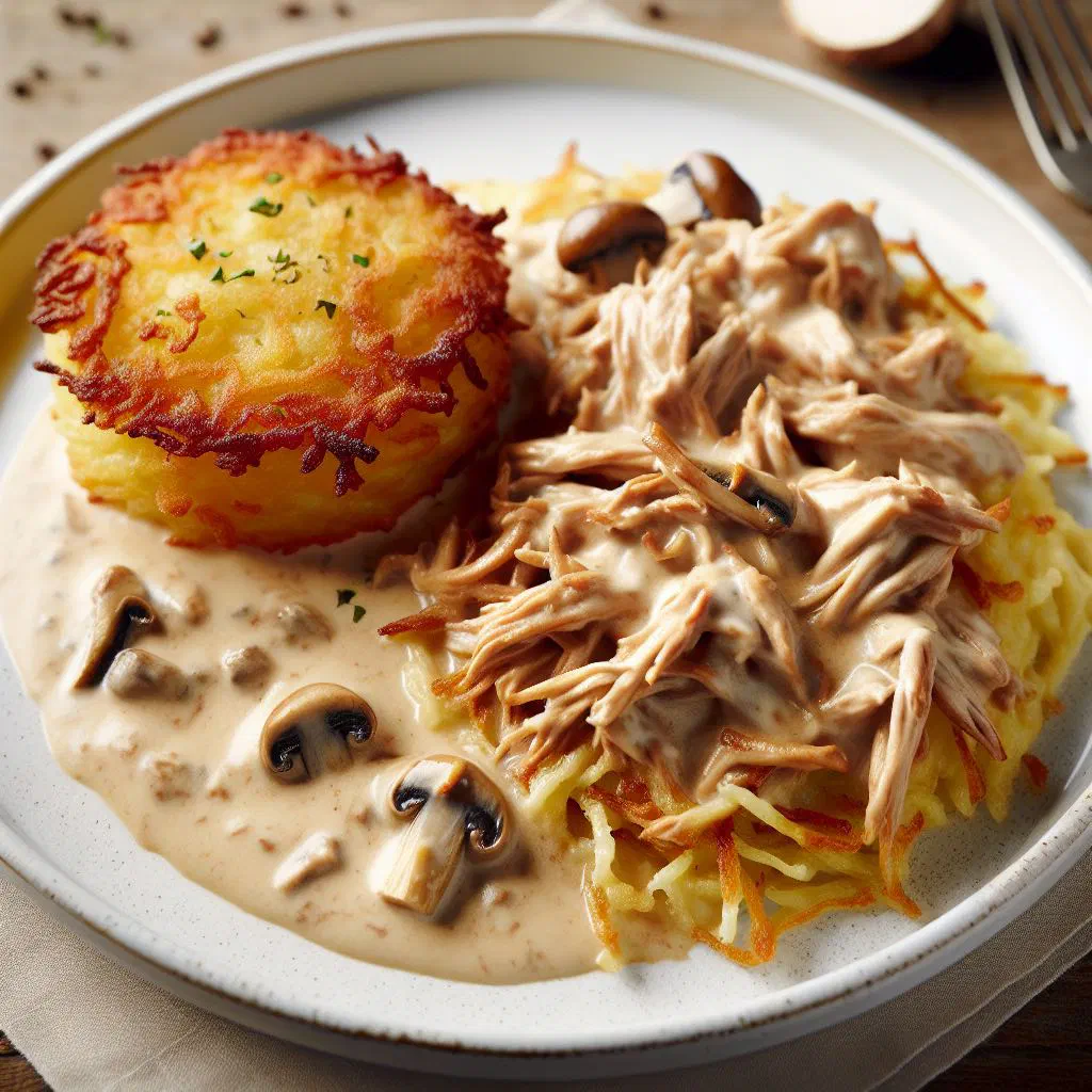 Sliced veal in a creamy sauce served with golden, crispy rösti