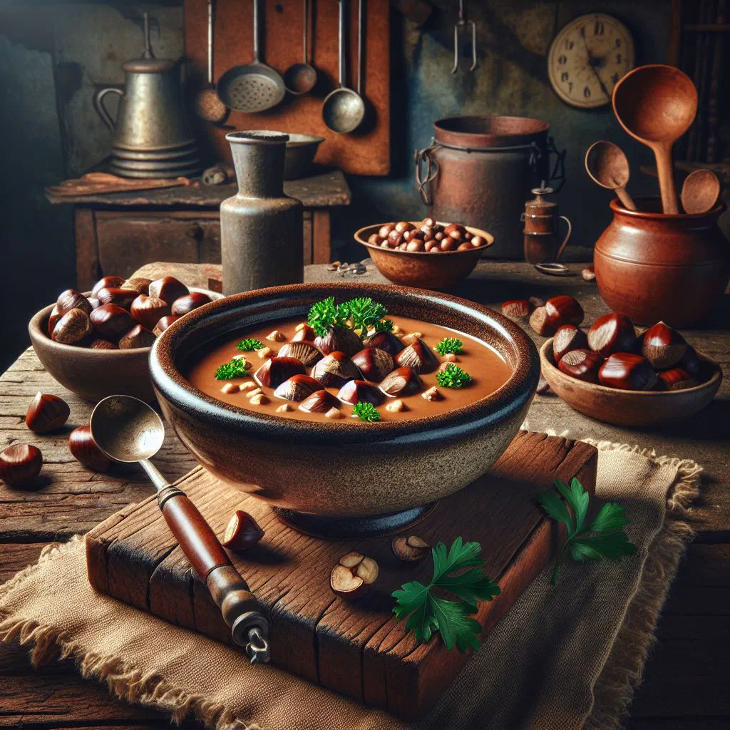 A creamy bowl of Ticino chestnut soup garnished with fresh herbs
