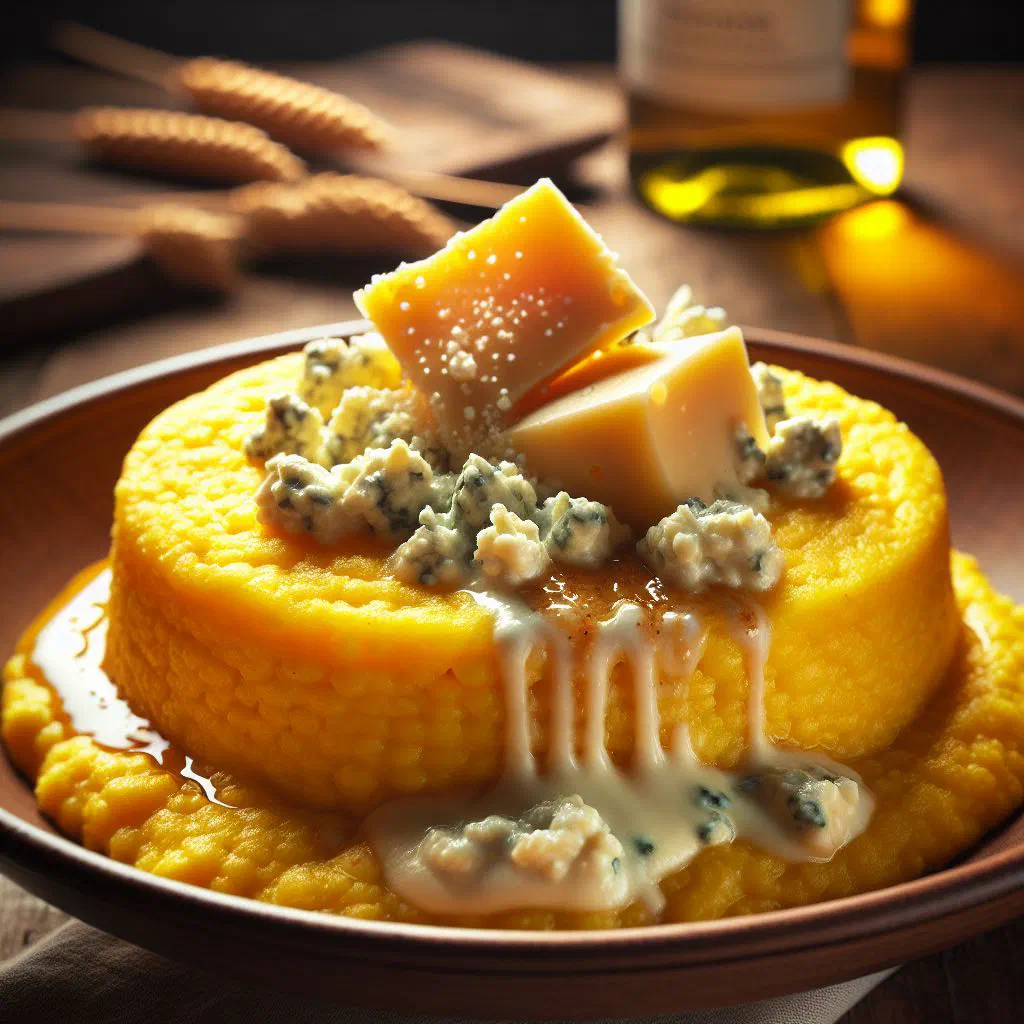 Creamy Ticino polenta topped with melting gorgonzola and fresh herbs