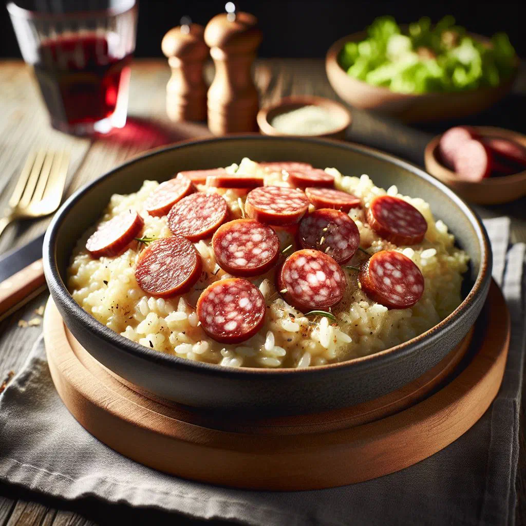 Creamy Ticino risotto topped with sliced Luganighe sausage and fresh herbs