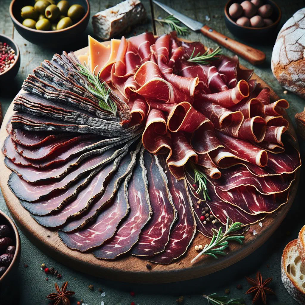 Valais dried meat platter with thin slices of cured beef, cheese and bread
