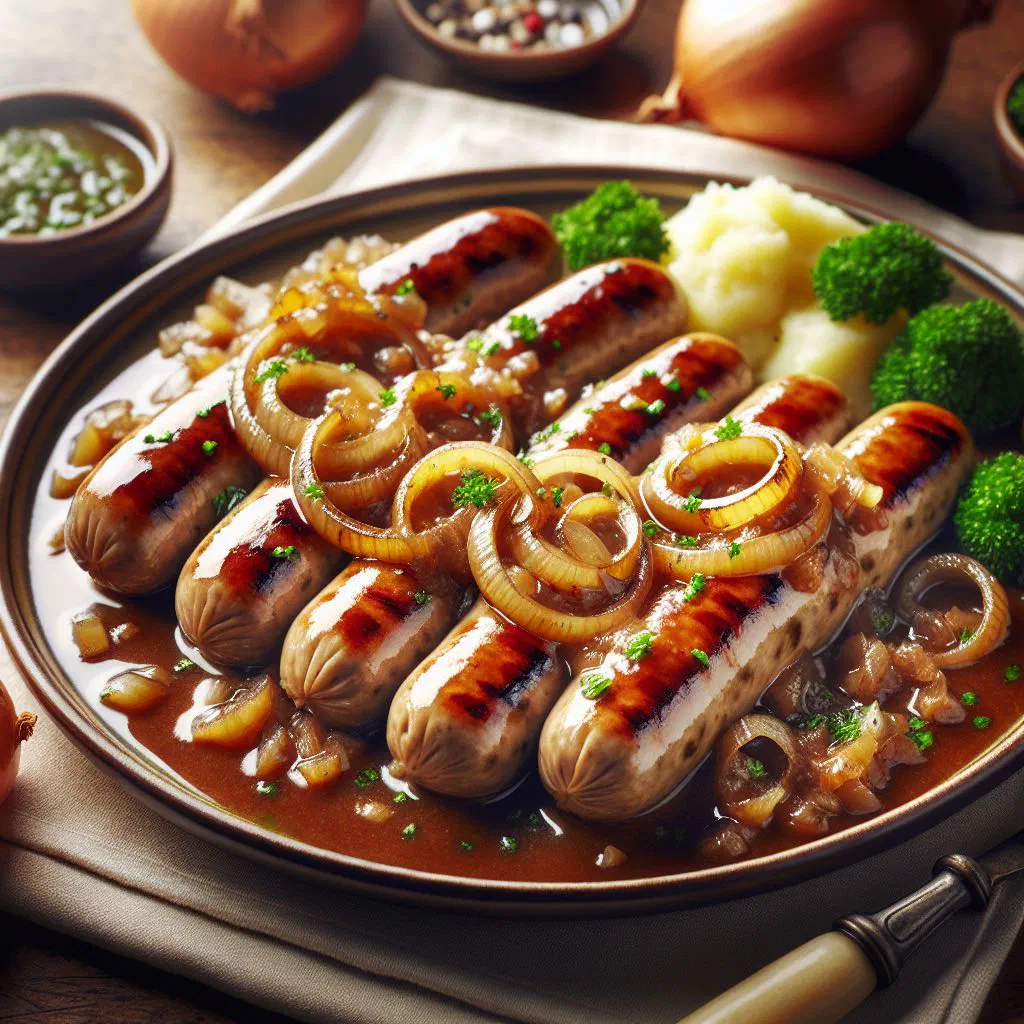 Grilled veal sausages topped with rich caramelised onion sauce and parsley