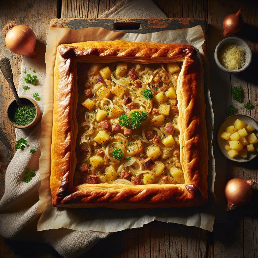 Golden-baked Walliser Cholera with melted cheese, bread and vegetables in a dish