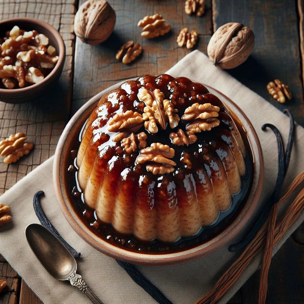 Creamy walnut pudding served in a glass, topped with chopped walnuts