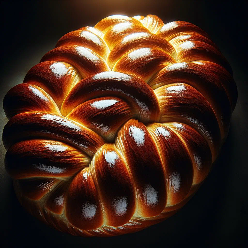 Golden braided Swiss Zopf loaf with a glossy egg-washed crust