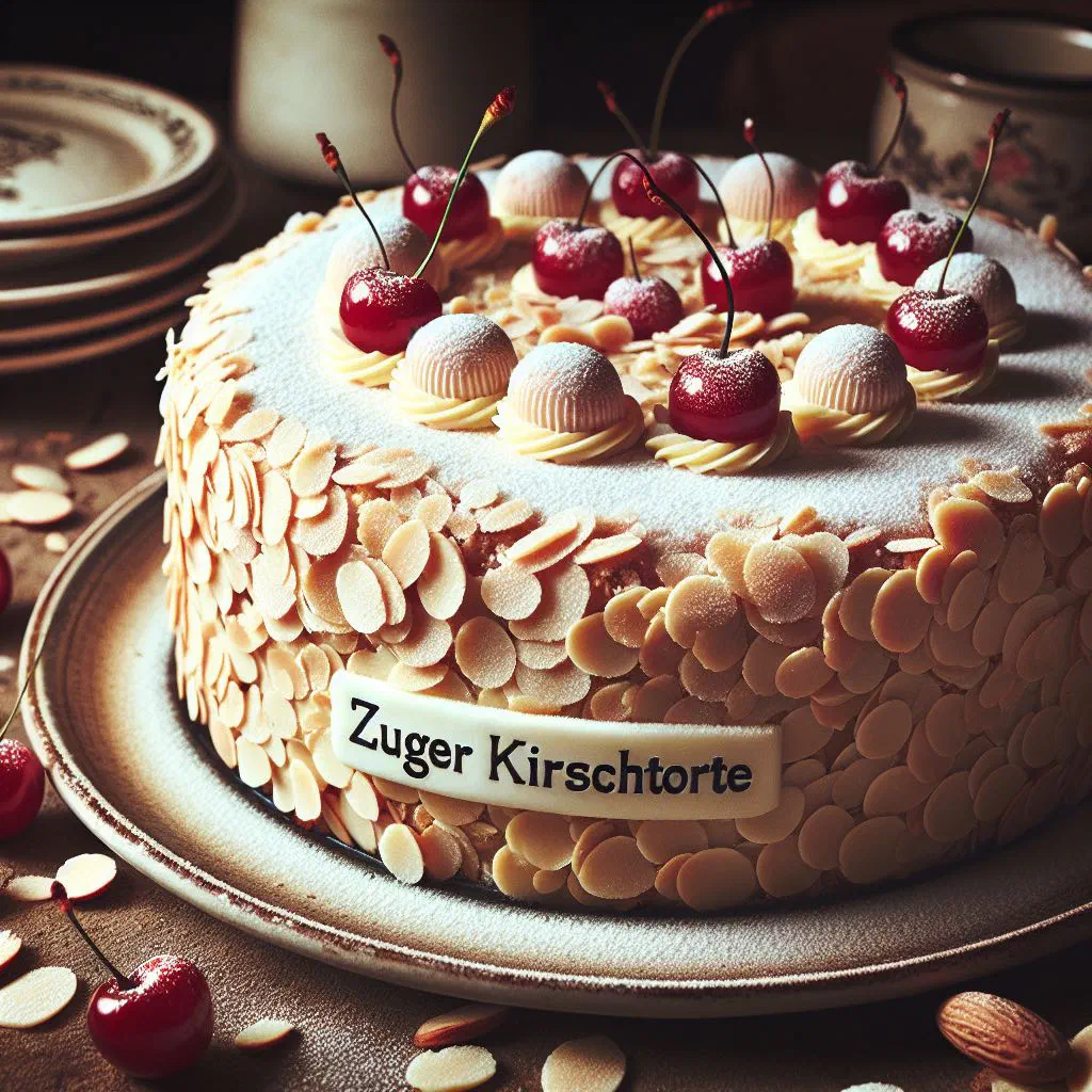 Slice of Zuger Kirschtorte with almond sponge, cherry filling and toasted flaked almonds