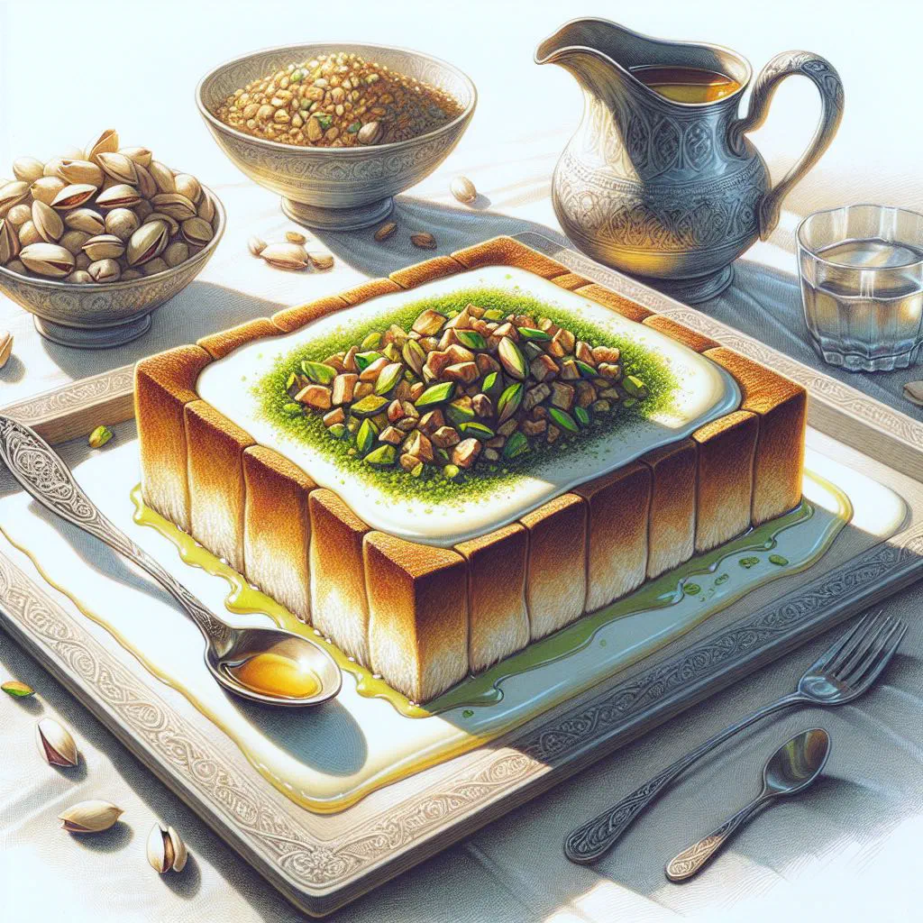 Layered Eish Saraya dessert topped with chopped nuts