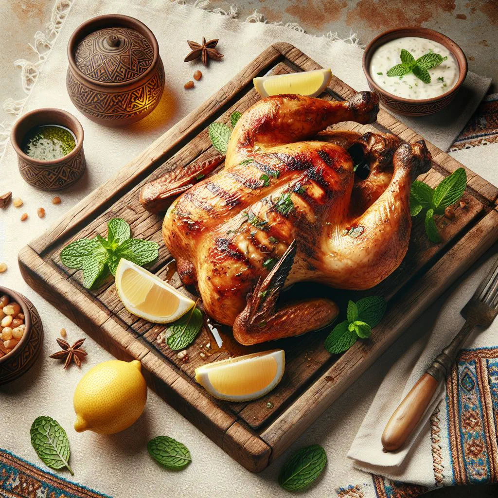 Whole grilled chicken farrouj meshwi with charred golden skin, served with flatbread and fresh herbs