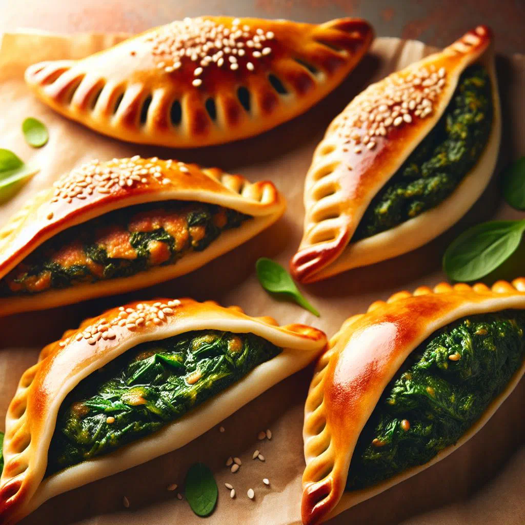 Golden-brown triangular fatayer pastries filled with spinach and feta