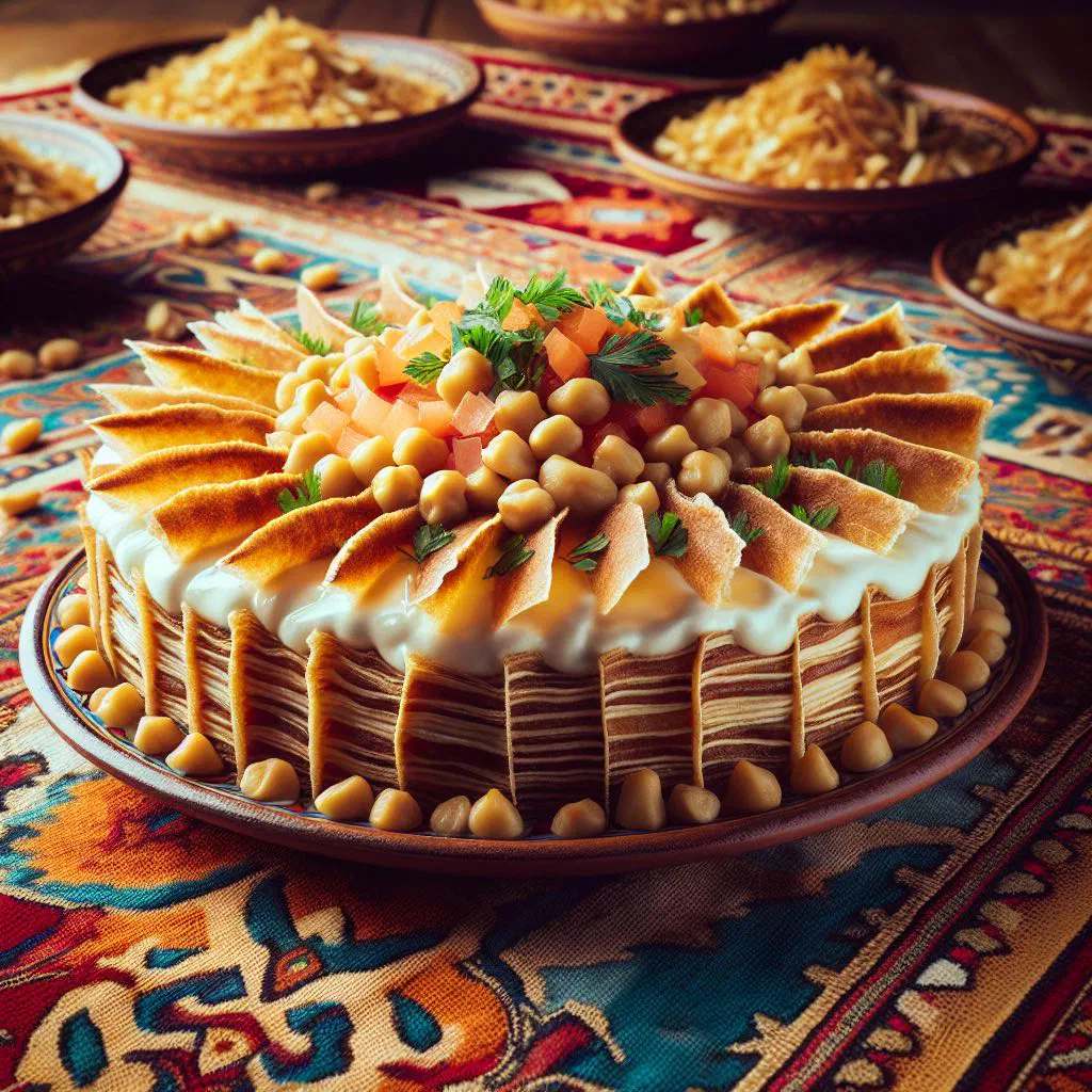 Fatteh al-laban with tender lamb, creamy yoghurt sauce and toasted nuts on crispy flatbread