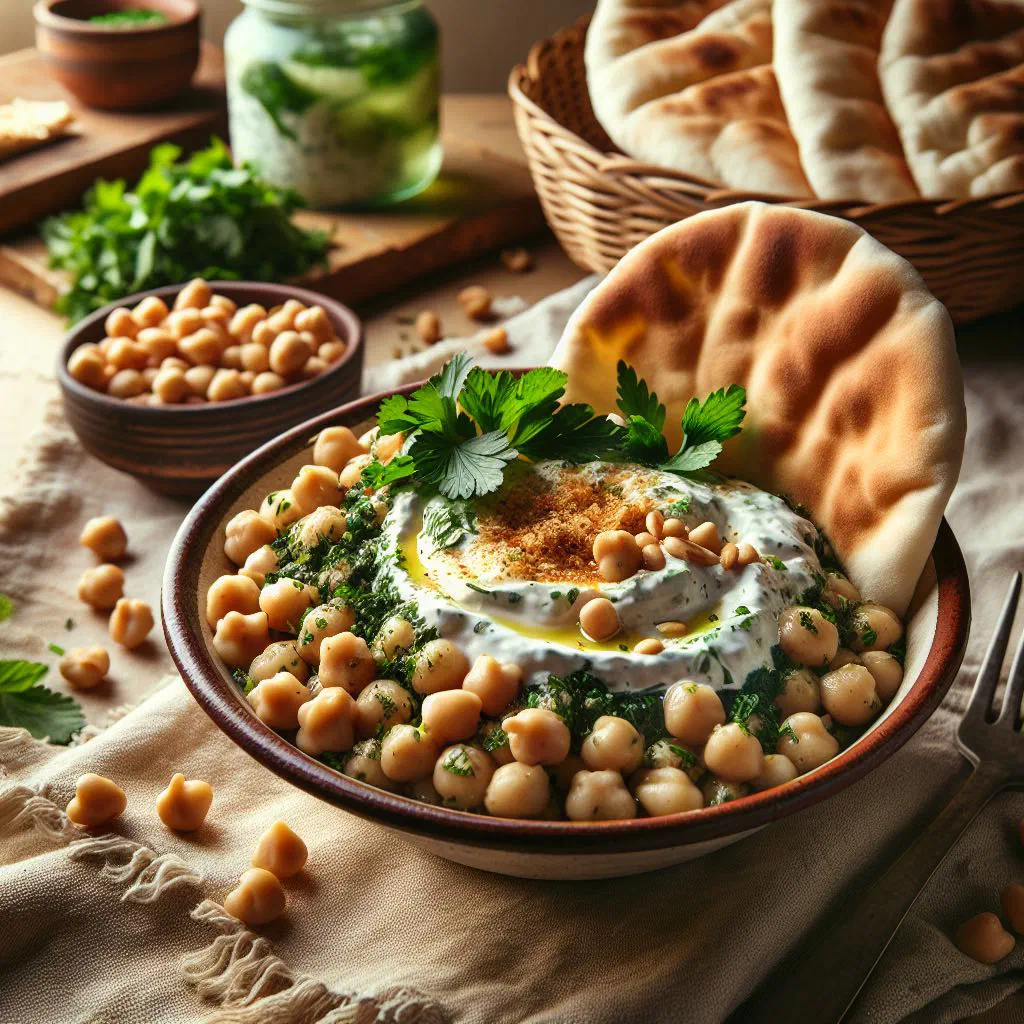 Fatteh layered with crispy flatbread, creamy yoghurt, shredded chicken and toasted nuts