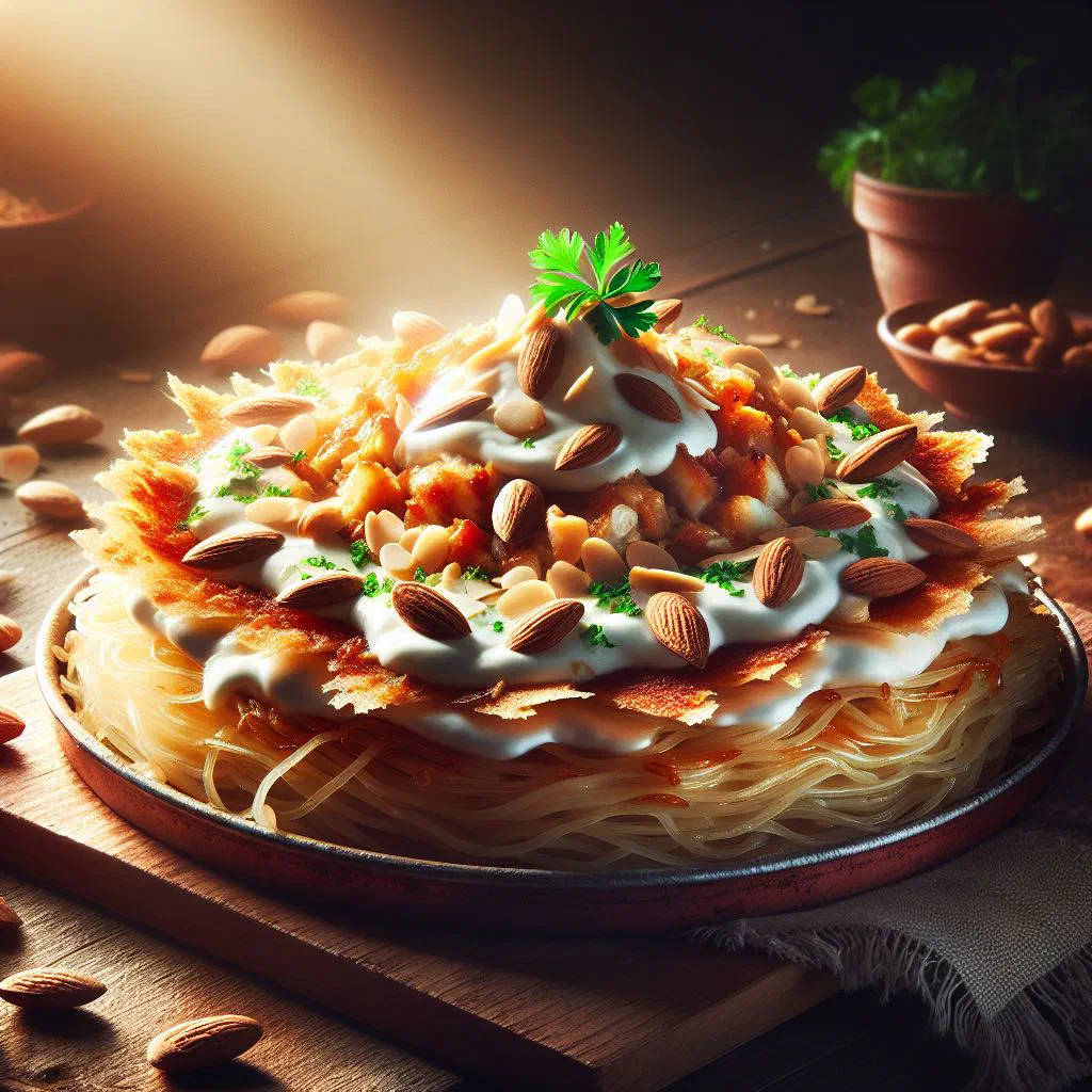 Fattet djaj with layers of crispy flatbread, rice, spiced chicken and yoghurt
