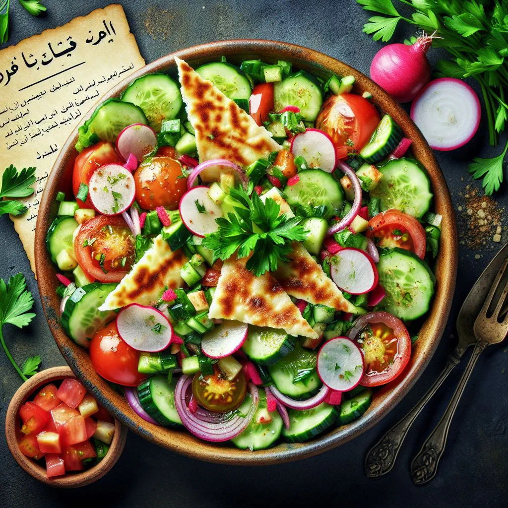Colourful fattoush salad with crispy pita pieces, tomatoes, cucumber and fresh herbs